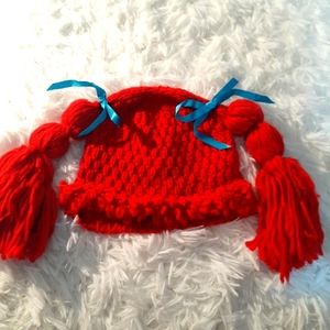 Adult Women's Winter Hat Party Costume Accessory Braided Pigtail Wig Red.